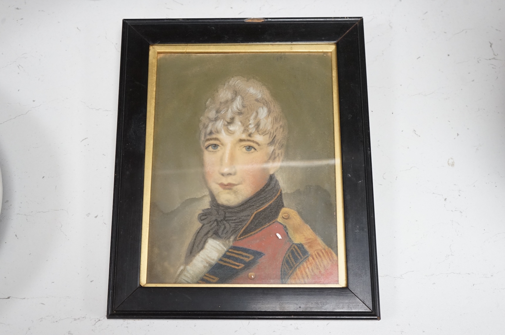 Early 19th century, English School, military interest pastel, Portrait of dragoon guard, Lieut. George Hamilton, unsigned, details verso, 20 x 15cm.